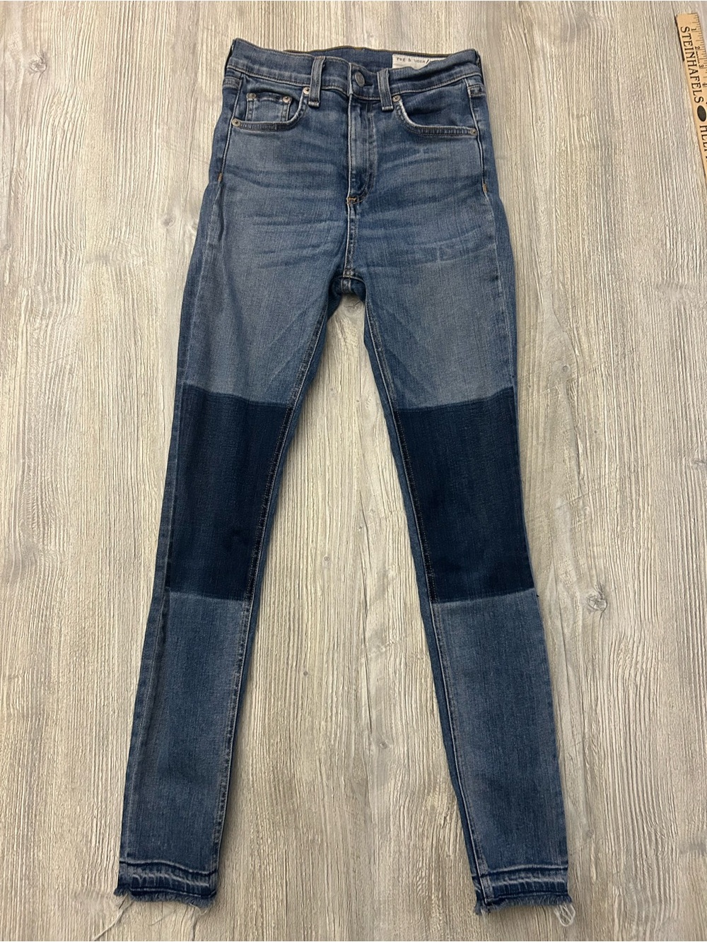 Rag & Bone / JEAN "Olana" Two-Tone Patchwork Skinny Jeans 25 USA Feayed Hem